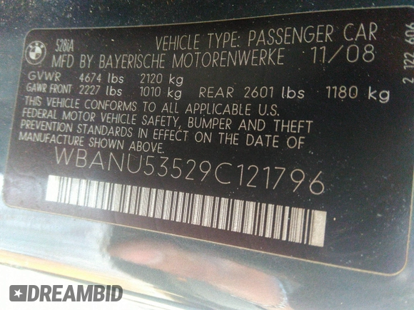 2009 BMW 5 Series 528i with VIN WBANU53529C121796, listed as a IAAI auction lot 35911209 with 178,049 mi miles and . Bid and sale history available at carsss.com. Image 9.