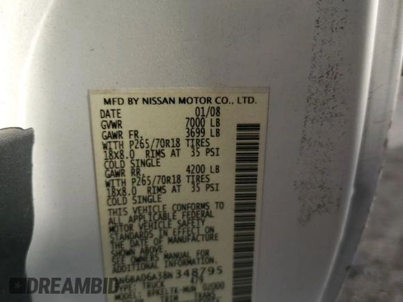 2008 Nissan Titan XE with VIN 1N6BA06A38N348795, listed as a Copart auction lot 78908544 with 214,668 mi miles and Salvage title. Bid and sale history available at DreamBid. Image 14.