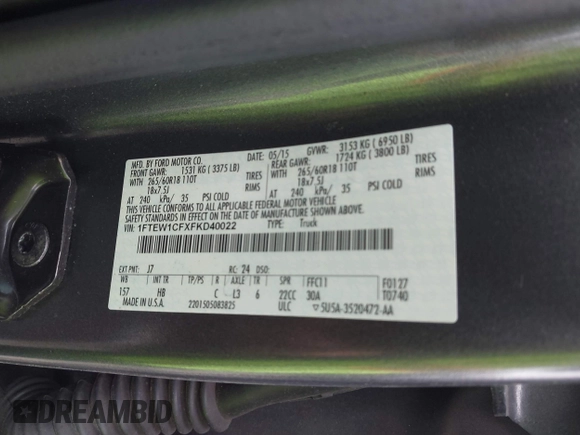 2015 Ford F-150 XL with VIN 1FTEW1CFXFKD40022, listed as a IAAI auction lot 41982367 with 93,711 mi miles. Bid and sale history available at carsss.com. Image 9.