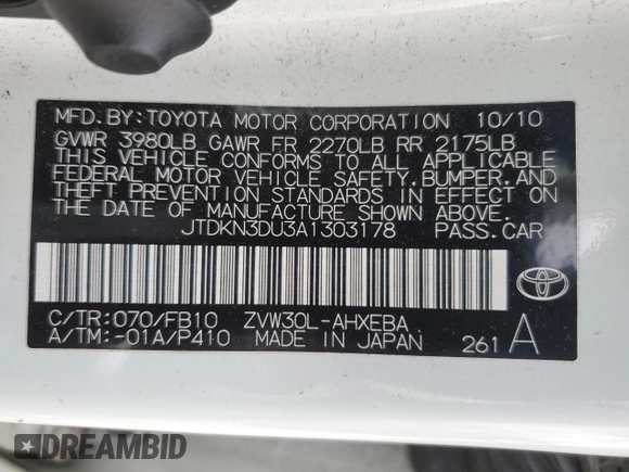 2010 Toyota Prius II with VIN JTDKN3DU3A1303178, listed as a Copart auction lot 51380195 with 131,723 mi miles and Salvage Title. Bid and sale history available at DreamBid. Image 14.