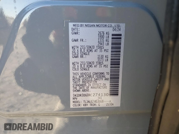 2024 Nissan Pathfinder Platinum with VIN 5N1DR3DG0RC274130, listed as a Copart auction lot 87738855 with 0 mi miles and Non Repairable. Bid and sale history available at carsss.com. Image 13.