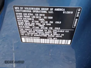 2019 Volkswagen Atlas SE z VIN 1V2WR2CA8KC532337, wystawiony jako IAAI lot #41771769 z przebiegiem 97 301 mil mil oraz . Historia ofert i sprzedaży dostępna na DreamBid. Obrazek 9.