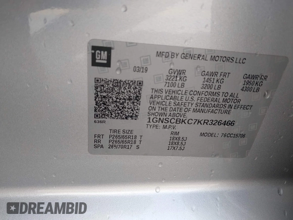 2019 Chevrolet Tahoe LT with VIN 1GNSCBKC7KR326466, listed as a IAAI auction lot 42048492 with 65,913 mi miles and . Bid and sale history available at DreamBid. Image 9.