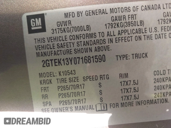 2007 GMC Sierra 1500 with VIN 2GTEK13Y071681590, listed as a IAAI auction lot 41774691 with 240,673 mi miles and . Bid and sale history available at DreamBid. Image 9.