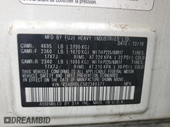 2011 Subaru Outback Limited Power Moon with VIN 4S4BRDLC5B2380371, listed as a Copart auction lot 58298975 with 155,251 mi miles and Clean title. Bid and sale history available at DreamBid. Image 13.