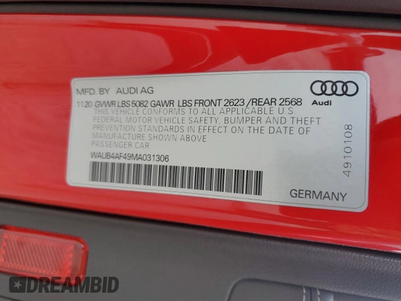 2021 Audi S4 Premium Plus with VIN WAUB4AF49MA031306, listed as a Copart auction lot 51076474 with 13,102 mi miles. Bid and sale history available at carsss.com. Image 15.