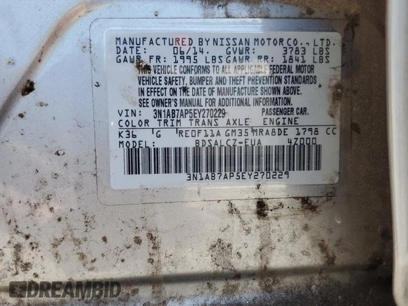 2014 Nissan Sentra SV with VIN 3N1AB7AP5EY270229, listed as a Copart auction lot 60853495 with 86,822 mi miles and Salvage title. Bid and sale history available at DreamBid. Image 12.