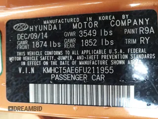 2015 Hyundai Accent GS with VIN KMHCT5AE6FU211955, listed as a IAAI auction lot 41610857 with 106,497 mi miles. Bid and sale history available at carsss.com. Image 9.