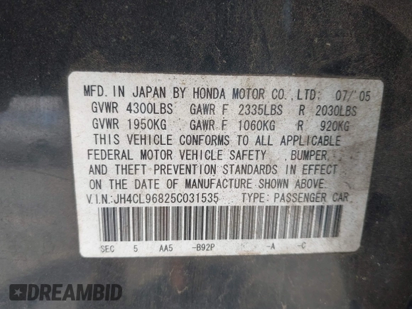 2005 Acura TSX z VIN JH4CL96825C031535, wystawiony jako IAAI lot #42265898 z przebiegiem 247 639 mil mil oraz . Historia ofert i sprzedaży dostępna na DreamBid. Obrazek 9.