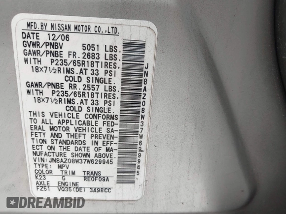 2007 Nissan Murano SL with VIN JN8AZ08W37W629945, listed as a IAAI auction lot 41950706 with 248,586 mi miles and . Bid and sale history available at DreamBid. Image 9.