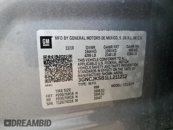 2020 Chevrolet Trax LS with VIN 3GNCJKSB1LL211212, listed as a Copart auction lot 50699895 with 59,276 mi miles and Non Repairable. Bid and sale history available at DreamBid. Image 13.