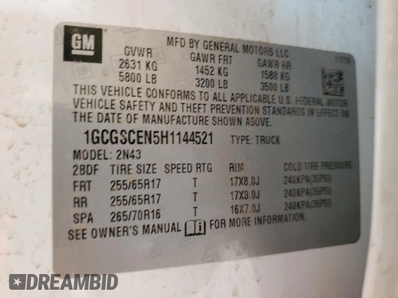 2017 Chevrolet Colorado 2WD LT with VIN 1GCGSCEN5H1144521, listed as a Copart auction lot 50380795 with 115,294 mi miles and Salvage title. Bid and sale history available at DreamBid. Image 14.