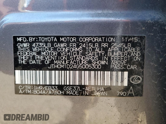 2016 Lexus IS 300/350 with VIN JTHCM1D24G5005300, listed as a Copart auction lot 60773895 with 83,343 mi miles and Non repairable. Bid and sale history available at DreamBid. Image 12.