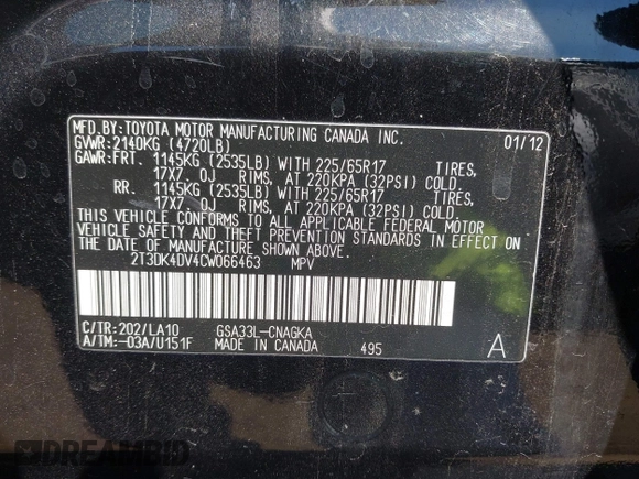 2012 Toyota RAV4 Limited with VIN 2T3DK4DV4CW066463, listed as a IAAI auction lot 42011249 with 218,526 mi miles. Bid and sale history available at carsss.com. Image 9.