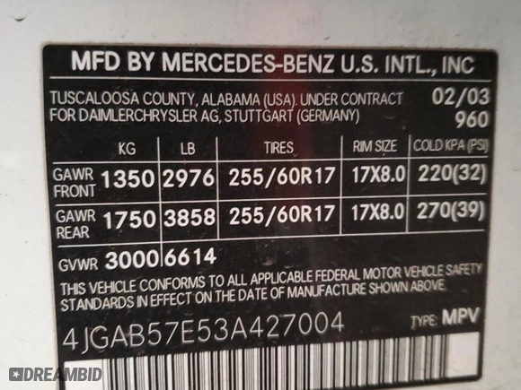 2003 Mercedes-Benz M-Class 3.7L with VIN 4JGAB57E53A427004, listed as a Copart auction lot 46951995 with 211,617 mi miles and Salvage Title. Bid and sale history available at carsss.com. Image 15.
