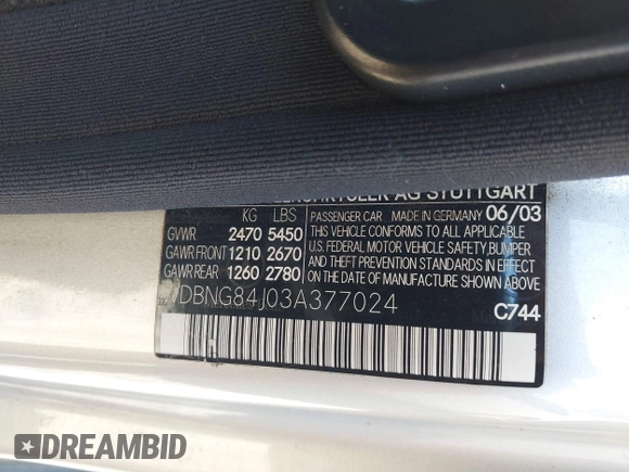 2003 Mercedes-Benz S-Class 5.0L with VIN WDBNG84J03A377024, listed as a IAAI auction lot 41749903 with 114,096 mi miles. Bid and sale history available at carsss.com. Image 9.