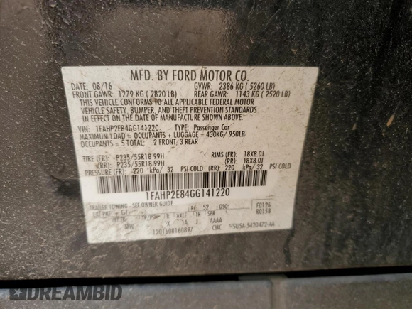 2016 Ford Taurus SEL with VIN 1FAHP2E84GG141220, listed as a Copart auction lot 48048514 with 124,631 mi miles and Salvage Title. Bid and sale history available at DreamBid. Image 12.