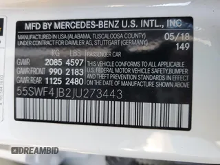 2018 Mercedes-Benz C 300 with VIN 55SWF4JB2JU273443, listed as a Copart auction lot 43762185 with 69,137 mi miles and Salvage Title. Bid and sale history available at DreamBid. Image 14.