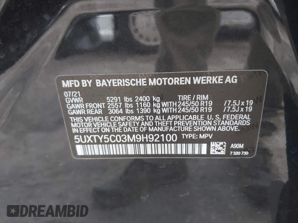 2021 BMW X3 xDrive30i with VIN 5UXTY5C03M9H92100, listed as a IAAI auction lot 41856328 with 19,460 mi miles and . Bid and sale history available at DreamBid. Image 9.