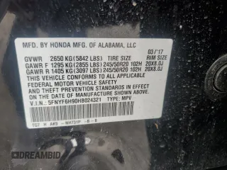 2017 Honda Pilot Touring with VIN 5FNYF6H90HB024321, listed as a Copart auction lot 57459895 with 134,244 mi miles and Salvage title. Bid and sale history available at DreamBid. Image 13.