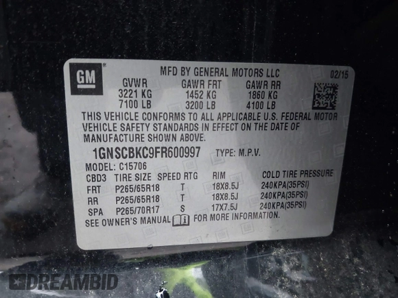 2015 Chevrolet Tahoe LT with VIN 1GNSCBKC9FR600997, listed as a IAAI auction lot 42383789 with 161,151 mi miles and . Bid and sale history available at DreamBid. Image 9.