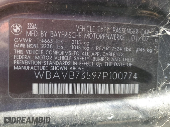 2007 BMW 3 Series 335i with VIN WBAVB73597P100774, listed as a Copart auction lot 56534604 with 157,586 mi miles and Salvage Title. Bid and sale history available at carsss.com. Image 12.