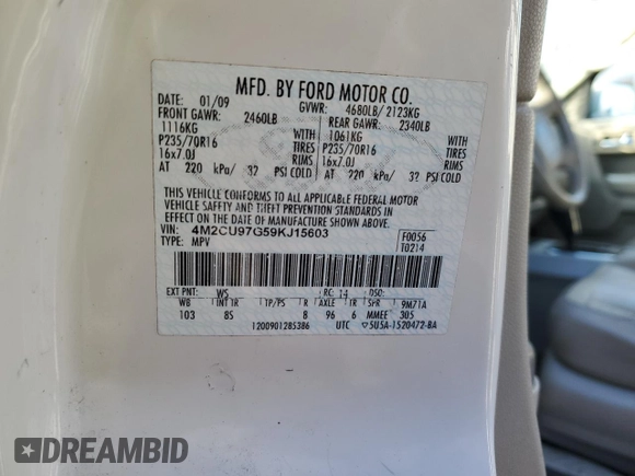 2009 Mercury Mariner Premier with VIN 4M2CU97G59KJ15603, listed as a Copart auction lot 88873995 with Not provided miles and Clean title. Bid and sale history available at DreamBid. Image 13.