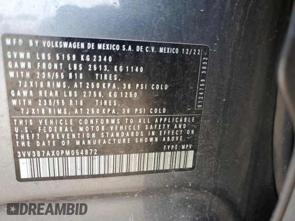 2023 Volkswagen Tiguan SE with VIN 3VV3B7AX0PM054872, listed as a Copart auction lot 53662845 with 55,240 mi miles and Salvage title. Bid and sale history available at DreamBid. Image 13.