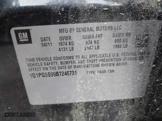 2011 Chevrolet Cruze LT w/2LT with VIN 1G1PG5S99B7246731, listed as a IAAI auction lot 42045728 with 124,000 mi miles. Bid and sale history available at carsss.com. Image 9.
