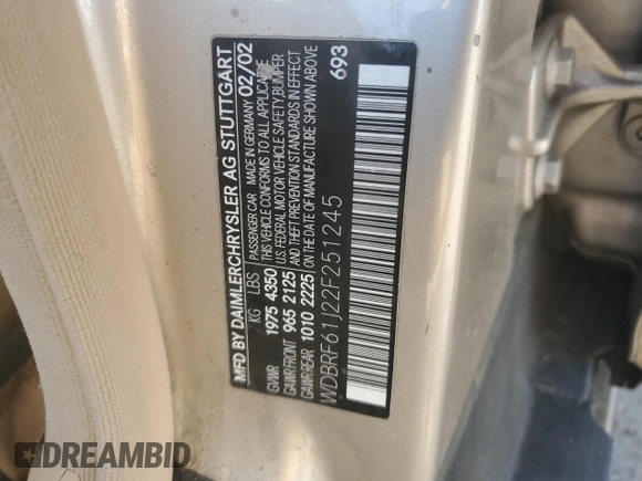 2002 Mercedes-Benz C 230/260/280/320 with VIN WDBRF61J22F251245, listed as a Copart auction lot 48387785 with 189,125 mi miles and Salvage Title. Bid and sale history available at DreamBid. Image 12.