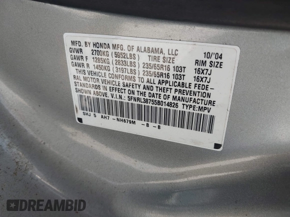 2005 Honda Odyssey EX-L with VIN 5FNRL38755B014826, listed as a IAAI auction lot 42147100 with 145,484 mi miles. Bid and sale history available at carsss.com. Image 9.