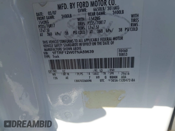 2007 Ford F-150 XL with VIN 1FTRF12W07NA59639, listed as a IAAI auction lot 42446252 with 60,757 mi miles and . Bid and sale history available at DreamBid. Image 9.