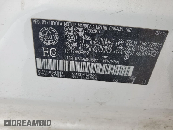 2010 Toyota RAV4 Sport with VIN 2T3RF4DV9AW041582, listed as a Copart auction lot 42402725 with 262,601 mi miles and Salvage Title. Bid and sale history available at carsss.com. Image 14.