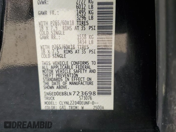 2020 Nissan Frontier SV with VIN 1N6ED0EB8LN723698, listed as a Copart auction lot 50986125 with Not provided miles and Salvage title. Bid and sale history available at DreamBid. Image 12.