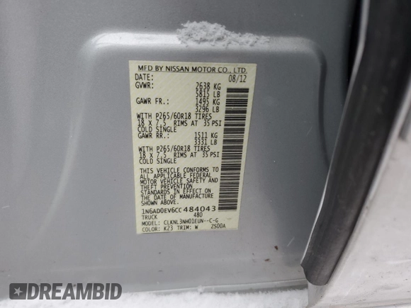2012 Nissan Frontier Pro-4X with VIN 1N6AD0EV6CC484043, listed as a Copart auction lot 85706844 with Not provided miles and Salvage title. Bid and sale history available at DreamBid. Image 12.