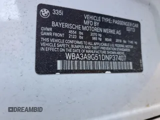 2013 BMW 3 Series 335i with VIN WBA3A9G51DNP37407, listed as a Copart auction lot 55478365 with 108,730 mi miles and Clean title. Bid and sale history available at DreamBid. Image 12.