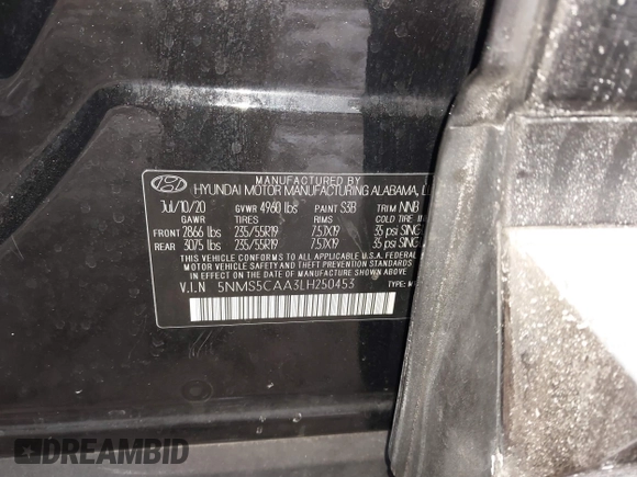 2020 Hyundai Santa Fe Limited with VIN 5NMS5CAA3LH250453, listed as a IAAI auction lot 41346692 with 87,876 mi miles. Bid and sale history available at carsss.com. Image 9.