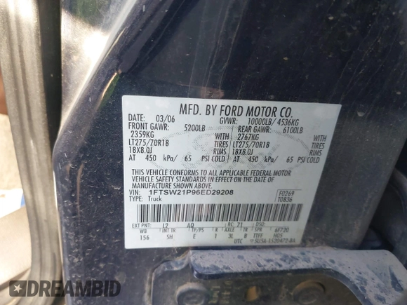 2006 Ford F-250 XL with VIN 1FTSW21P96ED29208, listed as a IAAI auction lot 42396591 with 148,304 mi miles and . Bid and sale history available at DreamBid. Image 9.