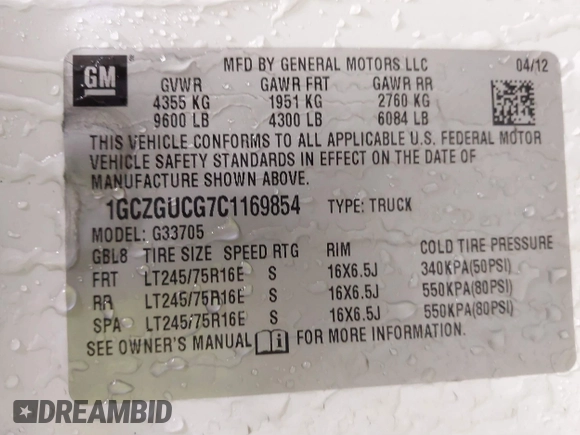2012 Chevrolet Express Cargo with VIN 1GCZGUCG7C1169854, listed as a IAAI auction lot 41393272 with Not Provided miles and . Bid and sale history available at DreamBid. Image 9.