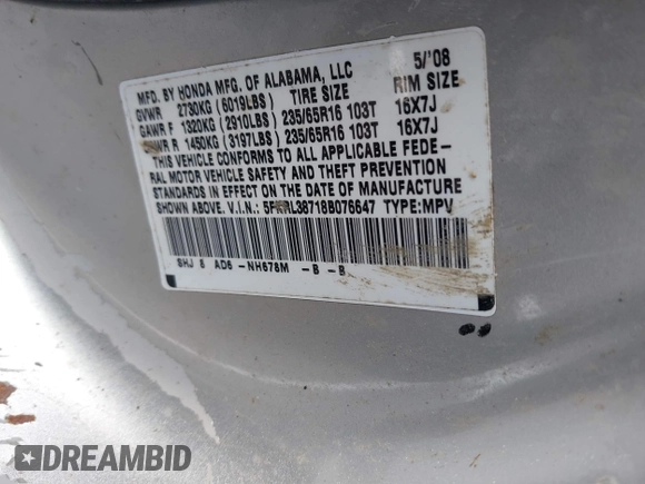 2008 Honda Odyssey EX-L with VIN 5FNRL38718B076647, listed as a IAAI auction lot 41854493 with 168,455 mi miles. Bid and sale history available at carsss.com. Image 9.