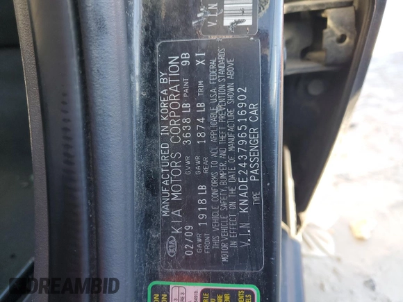 2009 Kia Rio LX with VIN KNADE243796516902, listed as a Copart auction lot 86567394 with 304,684 mi miles and Salvage Title. Bid and sale history available at carsss.com. Image 12.