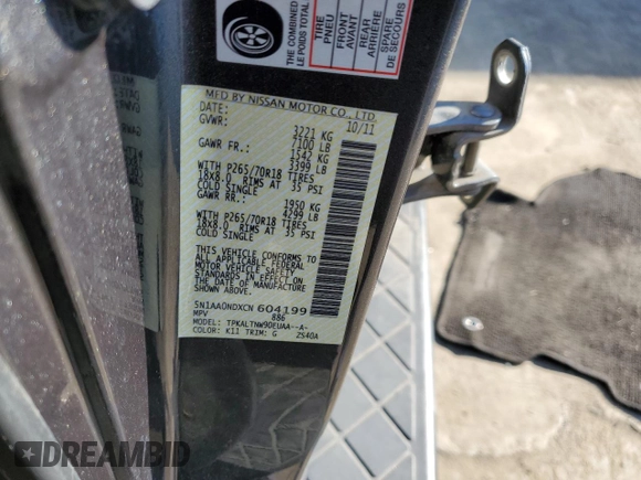 2012 Nissan Armada SV z VIN 5N1AA0NDXCN604199, wystawiony jako Copart lot #41769845 z przebiegiem 155 731 mil mil oraz Szkoda całkowita • Salvage title. Historia ofert i sprzedaży dostępna na DreamBid. Obrazek 16.