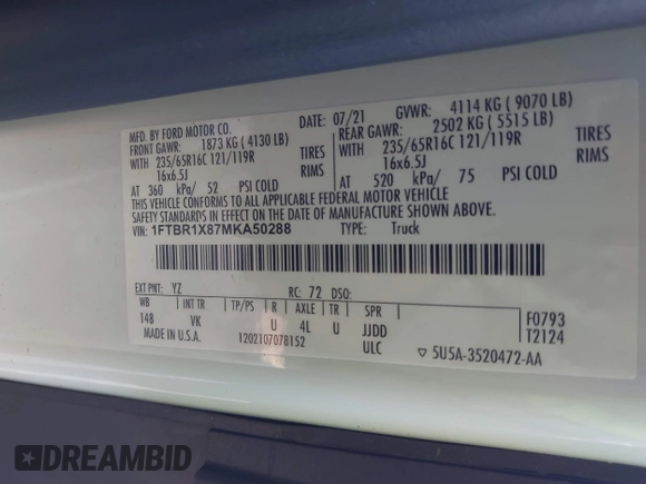 2021 Ford Transit Cargo with VIN 1FTBR1X87MKA50288, listed as a IAAI auction lot 41432535 with 96,934 mi miles and . Bid and sale history available at DreamBid. Image 9.
