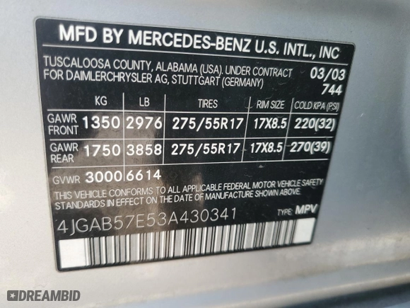 2003 Mercedes-Benz M-Class 3.7L with VIN 4JGAB57E53A430341, listed as a Copart auction lot 86296954 with 0 mi miles and Salvage Title. Bid and sale history available at carsss.com. Image 13.