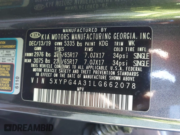 2020 Kia Sorento L with VIN 5XYPG4A31LG662078, listed as a IAAI auction lot 41537124 with 65,976 mi miles. Bid and sale history available at carsss.com. Image 9.
