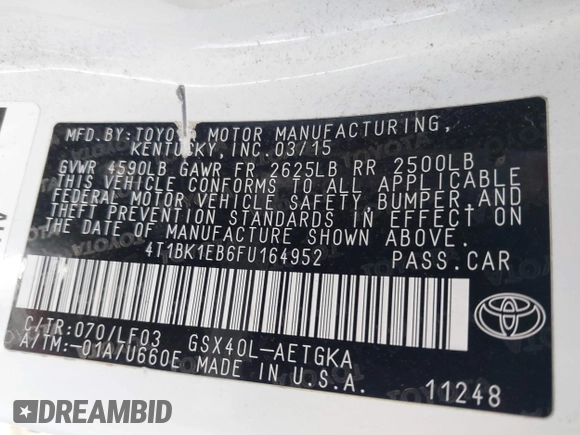 2015 Toyota Avalon Limited with VIN 4T1BK1EB6FU164952, listed as a IAAI auction lot 41647348 with 97,618 mi miles and . Bid and sale history available at DreamBid. Image 9.