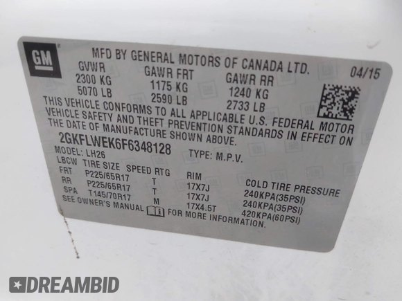 2015 GMC Terrain SLE with VIN 2GKFLWEK6F6348128, listed as a IAAI auction lot 41950964 with 125,913 mi miles and . Bid and sale history available at DreamBid. Image 9.