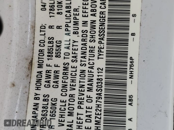 2010 Honda Insight EX with VIN JHMZE2H79AS038112, listed as a Copart auction lot 54794785 with 183,457 mi miles and Salvage Title. Bid and sale history available at DreamBid. Image 13.