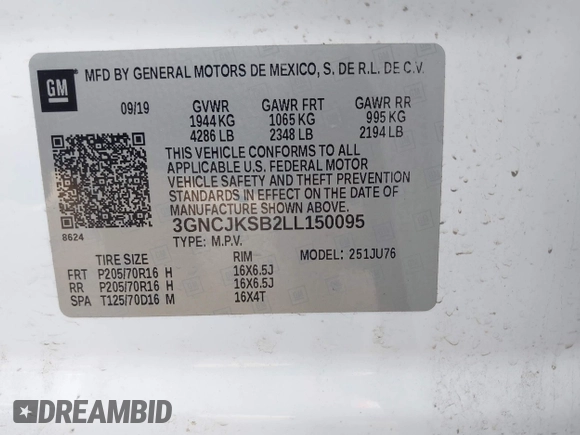 2020 Chevrolet Trax LS with VIN 3GNCJKSB2LL150095, listed as a IAAI auction lot 42070330 with 46,773 mi miles and . Bid and sale history available at DreamBid. Image 9.