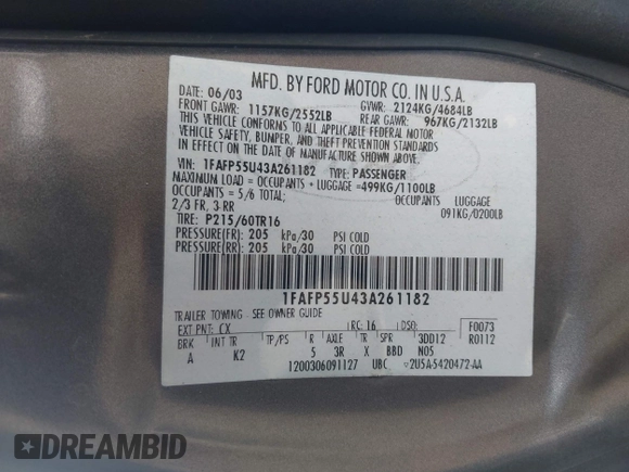 2003 Ford Taurus SES Standard with VIN 1FAFP55U43A261182, listed as a IAAI auction lot 42020172 with 118,000 mi miles. Bid and sale history available at carsss.com. Image 9.